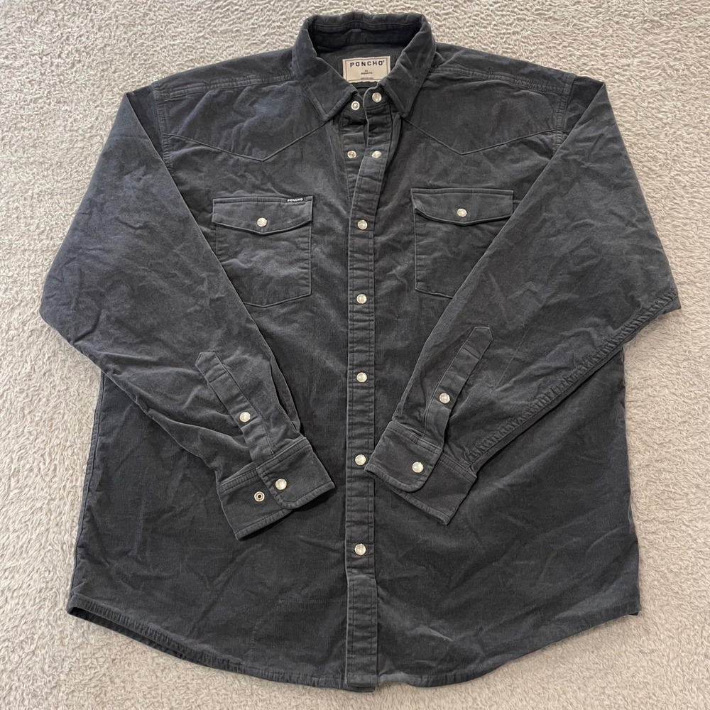 Poncho Corduroy Western Pearl Snap Shirt Mens XL Charcoal Gray Regular Fit